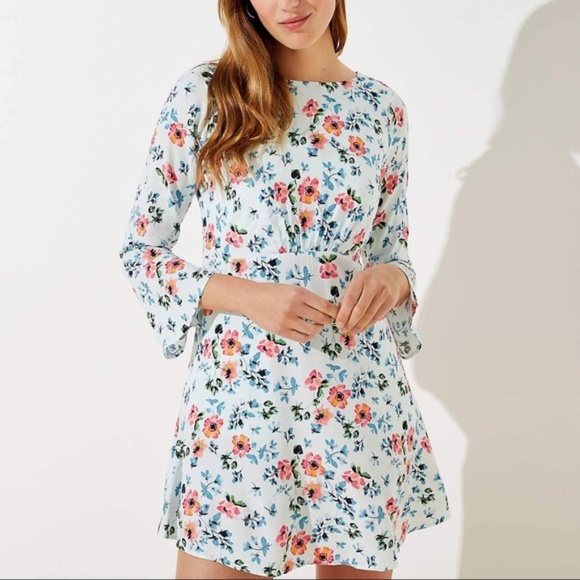 Loft White Mini Floral Tie Back Bell Sleeve Dress - Picture 3 of 4